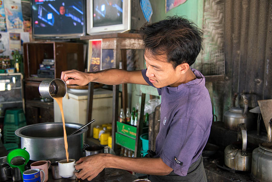 Sample Burmese tea in a traditional tea shops