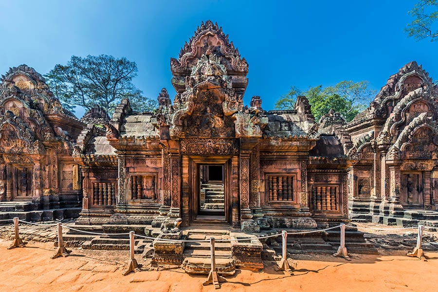 Visit Banteay Srei, a beautiful temple made of soft pink stone