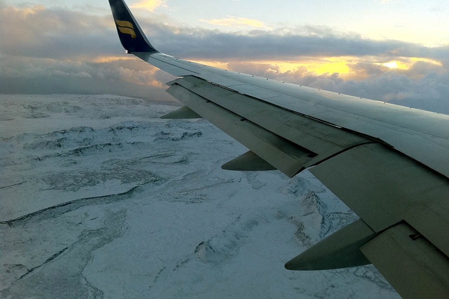 The view over the interior of Iceland as you fly in during winter is majestic