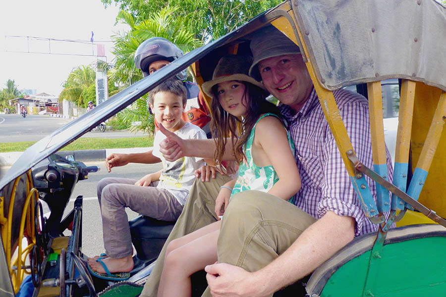 Squeezing the whole family onto a ‘Becak’ (a 3 wheeled motorbike taxi) makes for a truly Asian style journey
