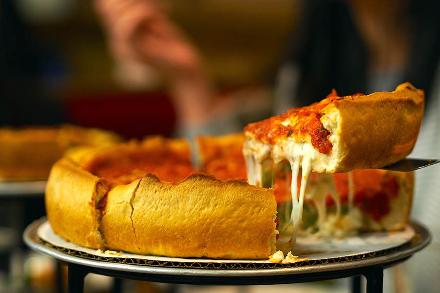 Enjoy a slice of Chicago's famous deep dish pizza