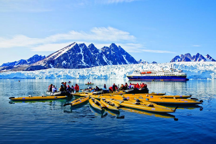 Kayak in protected waters, paddling around icebergs as penguins swim nearby