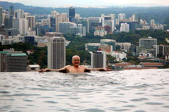 Enjoying panoramic views of the city from the pool at the Marina Bay Sands Hotel