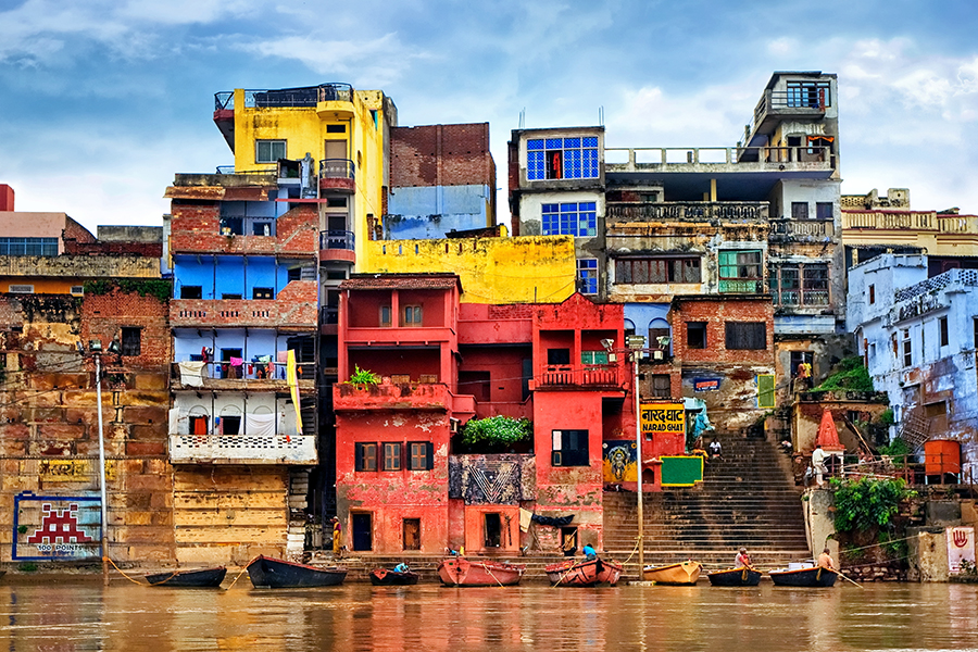 Colorful houses on the banks of river Ganges, Varanasi, India