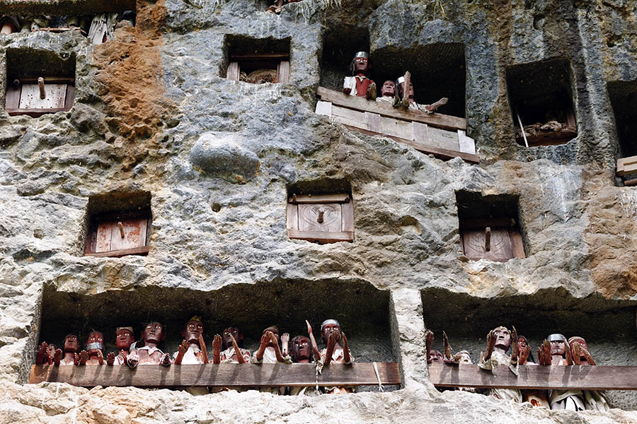 Look out for hanging effigies and macabre burial sites in cliffs in the Toraja Highlands