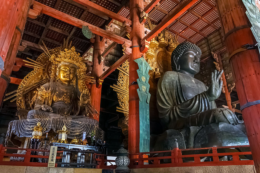 Todai-ji Temple, an 8th century Buddhist temple houses a 15m tall bronze Buddha