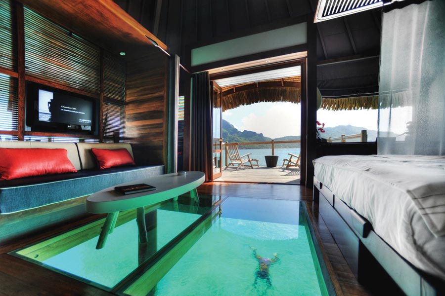 Some overwater bungalows at Le Meridien Bora Bora have an incredible glass floor 