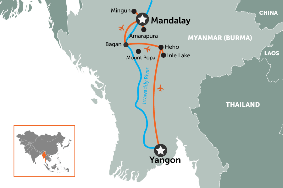 Visit Myanmar in 2 weeks: Yangon to Mandalay | map