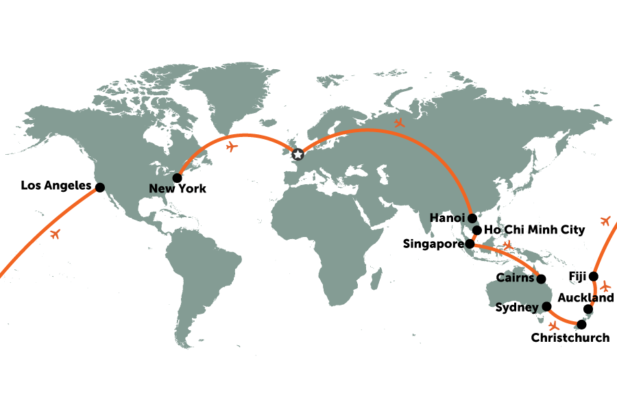 Around the world trip package with Vietnam, Australia, NZ, Fiji & USA | map