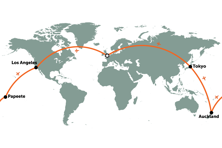 Around the world package inc Japan, NZ, Tahiti & LA | map