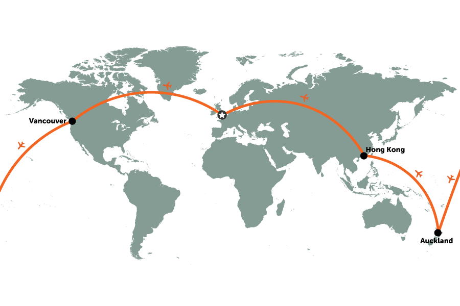 Canada, NZ & Hong Kong holiday with Premium Economy flights | map