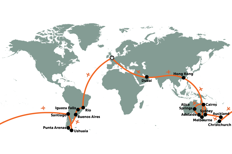 Round the world holiday with Iguassu Falls & Patagonia cruise | map