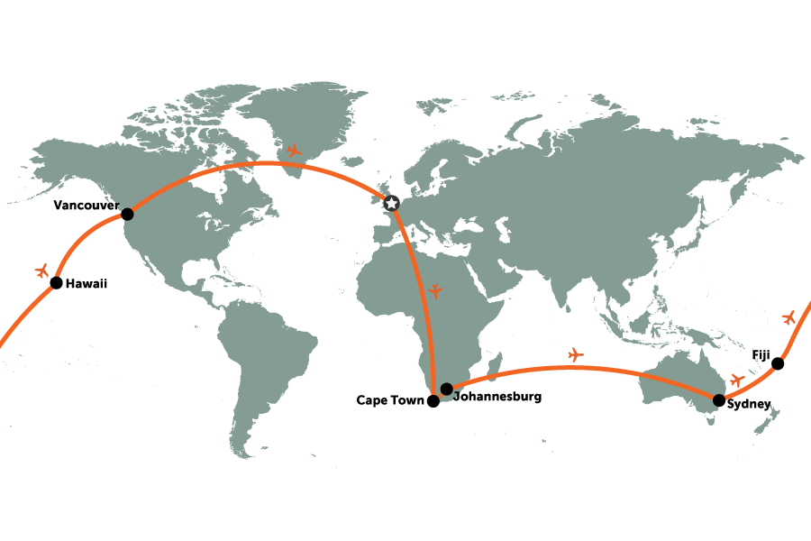7 Week world tour inc South Africa, Australia, Pacific & Canada | map