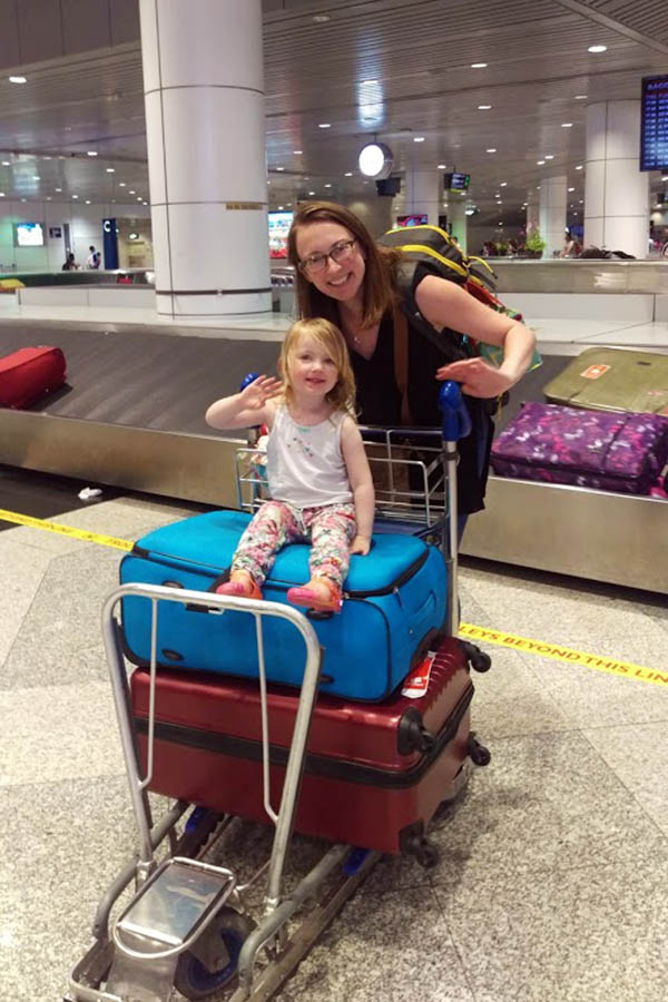 Sophie and daughter at Heathrow airport