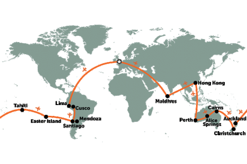 Business Class holiday: South America, Australia, NZ, Tahiti & the Maldives | map