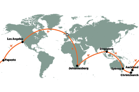 Round the world package inc South Africa, Singapore, Sydney, NZ, Tahiti & LA| map