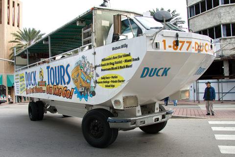 Take a tour through famous Miami landmarks in an amphibious vehicle 