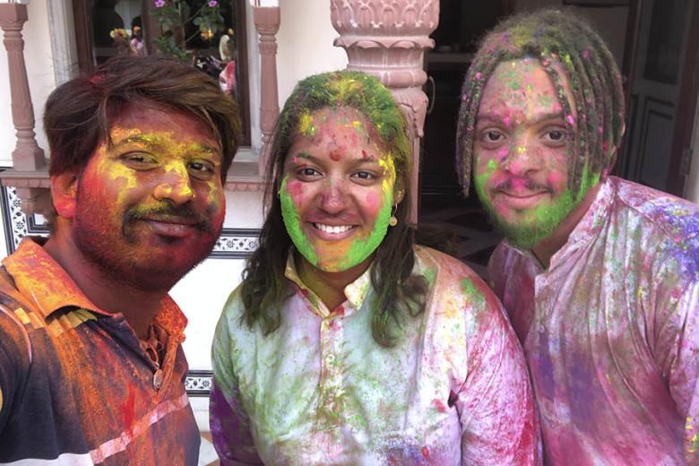 Elodie covered in gulal during Holi in Jaipur | Travel Nation