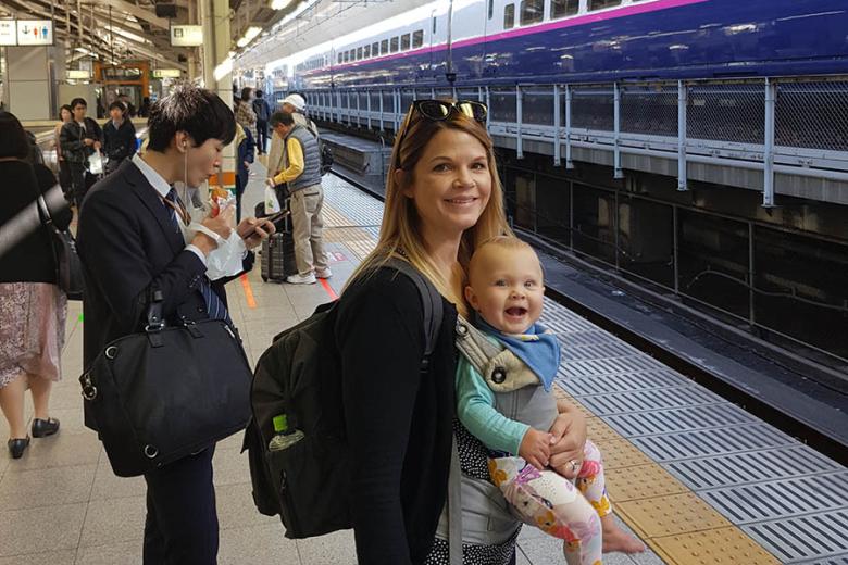Kat and Evelyn getting ready to board the bullet train | Travel Nation