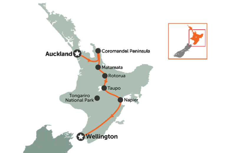 North Island: Auckland to Wellington | map