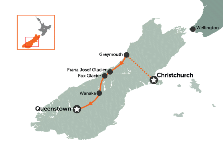 South Island: Christchurch to Queenstown | map