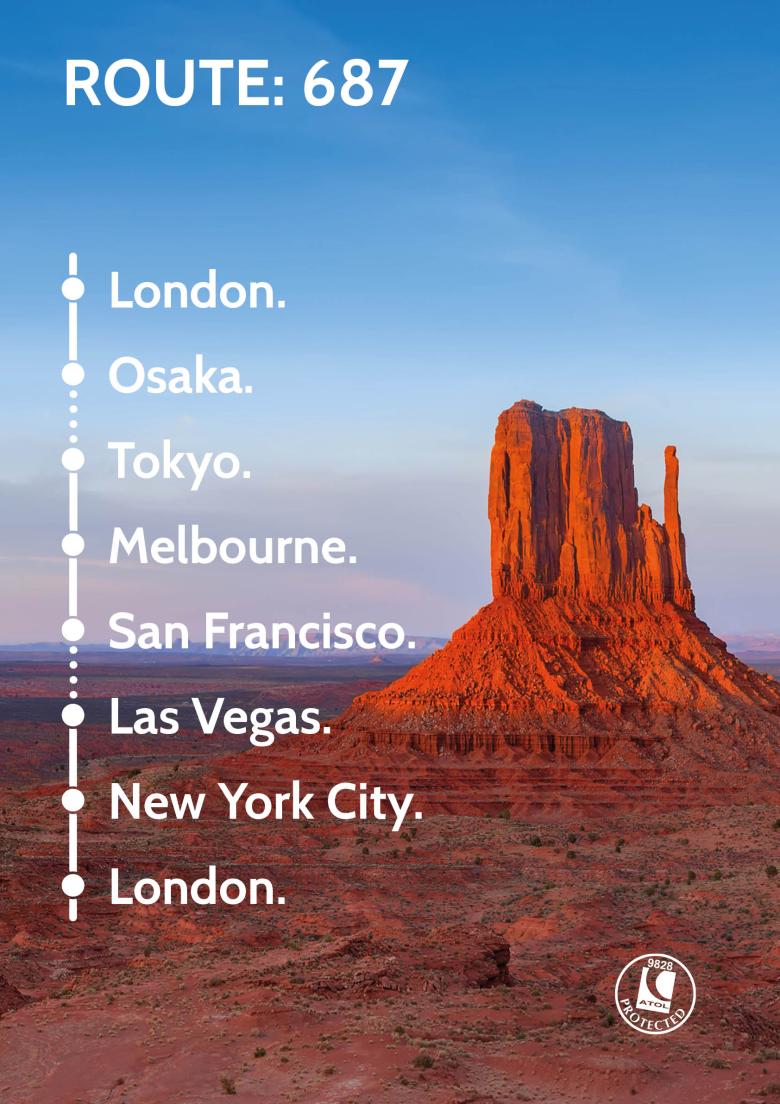 Travel Nation Flight Route 687 | London – Osaka - Tokyo - Melbourne - San Francisco - Las Vegas - New York City - London