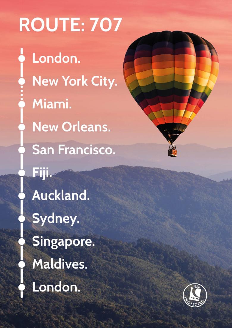 Travel Nation Flight Route 707 | London - New York - Miami - New Orleans - San Francisco - Fiji - Auckland – Sydney – Singapore - Maldives - London