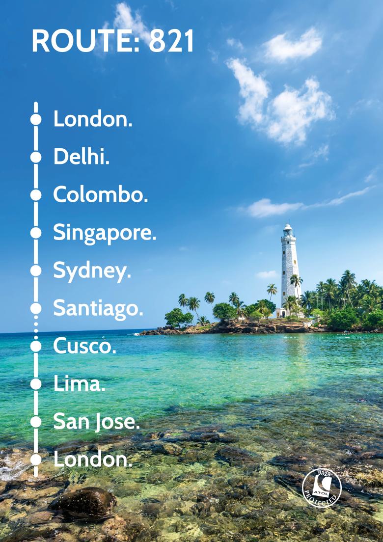 Travel Nation Round The World Flight Route 821 | Delhi - Colombo - Singapore - Sydney - Santiago - Lima - San Jose 