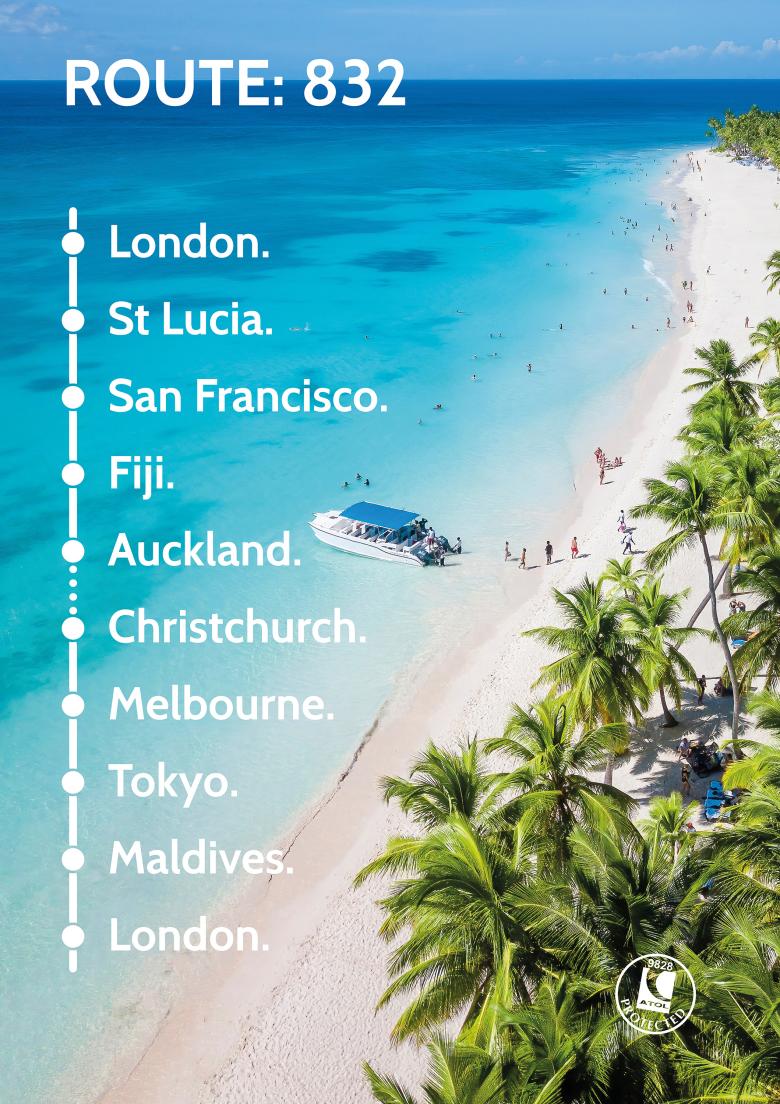 Travel Nation Round The World Flight Route 832 | St.Lucia - San Francisco - Fiji - Auckland - Christchurch - Melbourne - Tokyo - Maldives