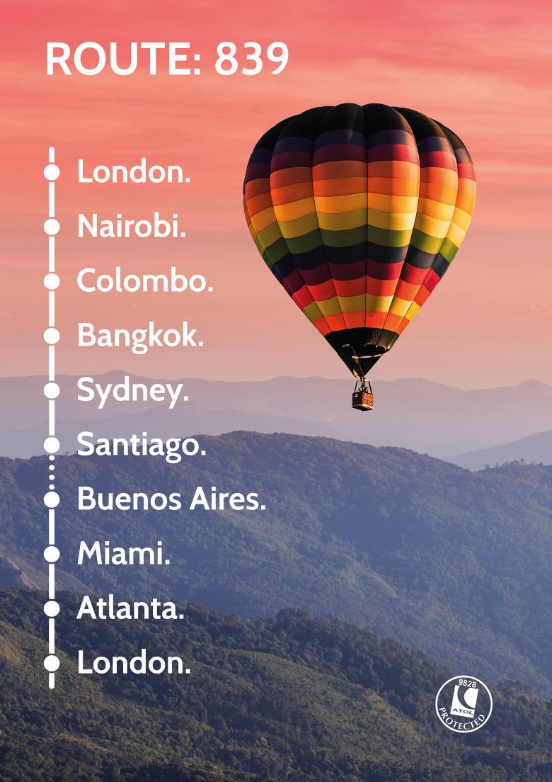 Travel Nation Round The World Flight Route 839 | London - Nairobi - Colombo - Bangkok - Sydney - Santiago - Buenos Aires - Miami - Atlanta - London