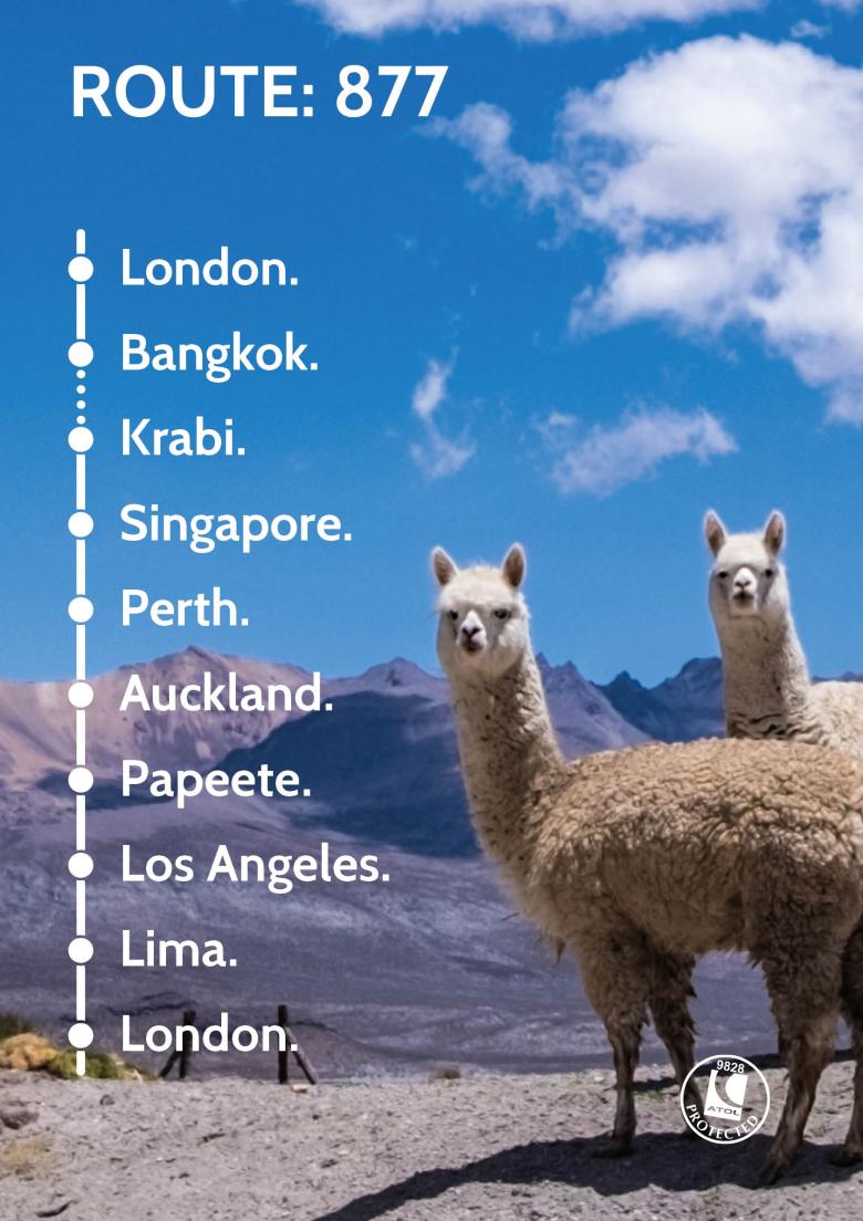 Travel Nation Round The World Flight Route 877 | London - Bangkok - Krabi - Singapore - Perth - Auckland - Papeete - Los Angeles - Lima - London