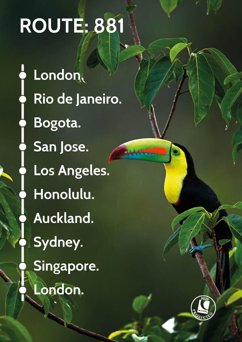 Travel Nation Round The World Flight Route 881 | London - Rio - Bogota - San Jose - Los Angeles - Honolulu - Auckland - Sydney - Singapore - London