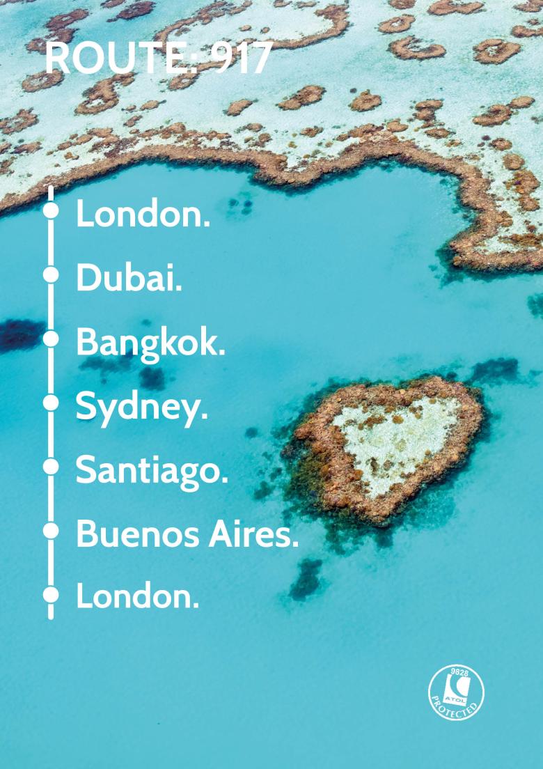 Travel Nation Flight Route 917| London - Dubai - Bangkok - Sydney - Santiago - Buenos Aires - London