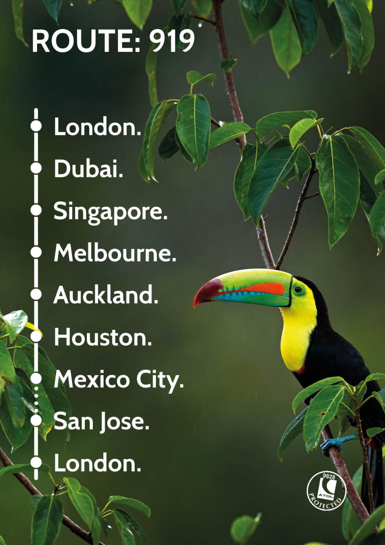 Travel Nation Flight Route 919 | London - Dubai - Singapore - Melbourne - Auckland - Houston - Mexico City - San Jose - London