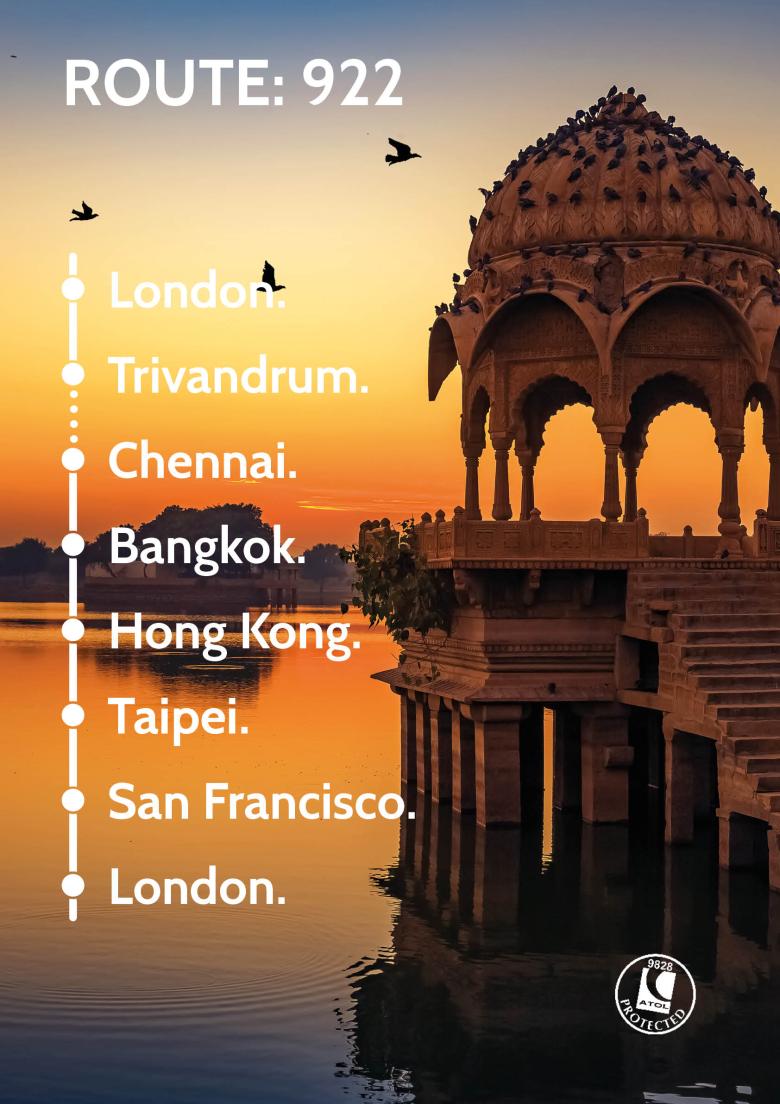 Travel Nation Flight Route 922 | London - Trivandrum - Chennai - Bangkok - Hong Kong - Taipei - San Francisco - London