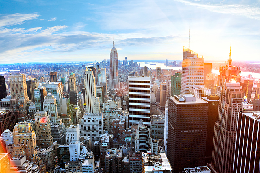 View of New York City skyline from Rockefeller Centre, NYC, USA