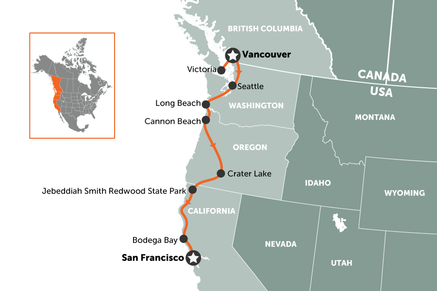 West Coast USA road trip: Vancouver to San Francisco in 2 weeks | map
